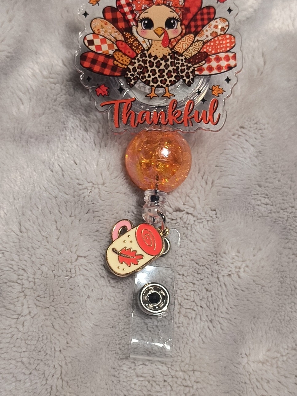Thankful Turkey Orange Badge Reel with Autumn Mug Charm
